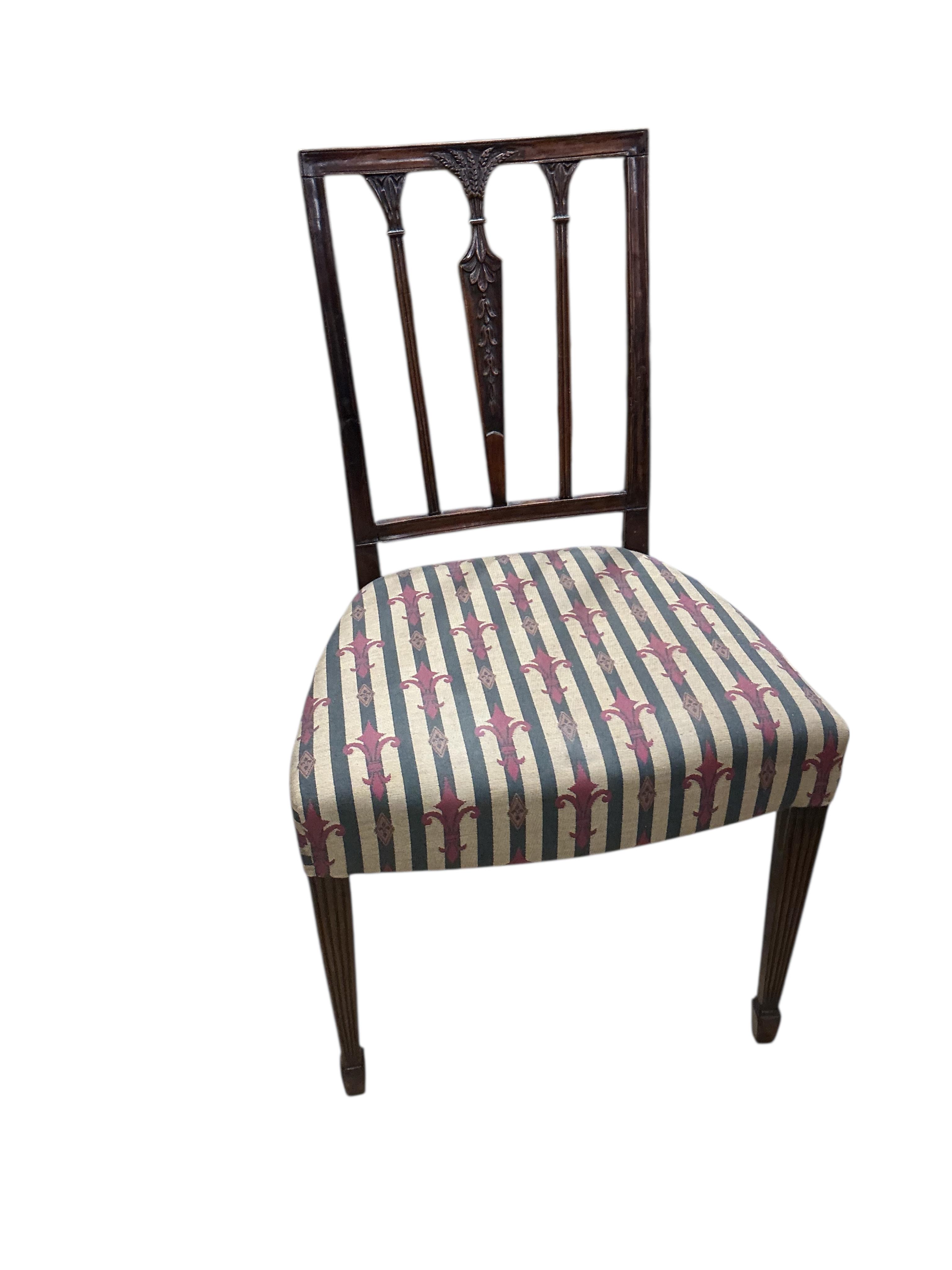 A set of six George III Sheraton style mahogany dining chairs, width 49cm, depth 42cm, height 89cm